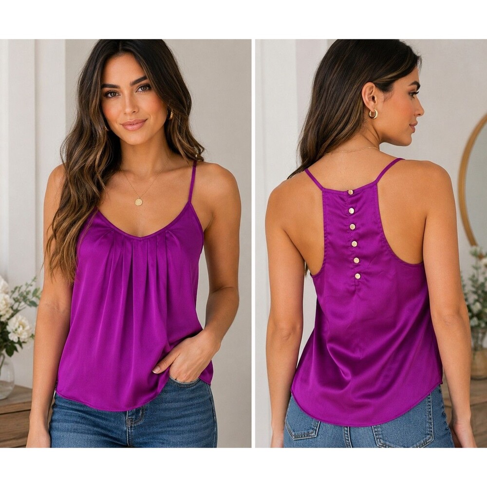 Jennifer Lopez XS Satin Cami Top Purple Fuchsia Gold Button Back Sleeveless